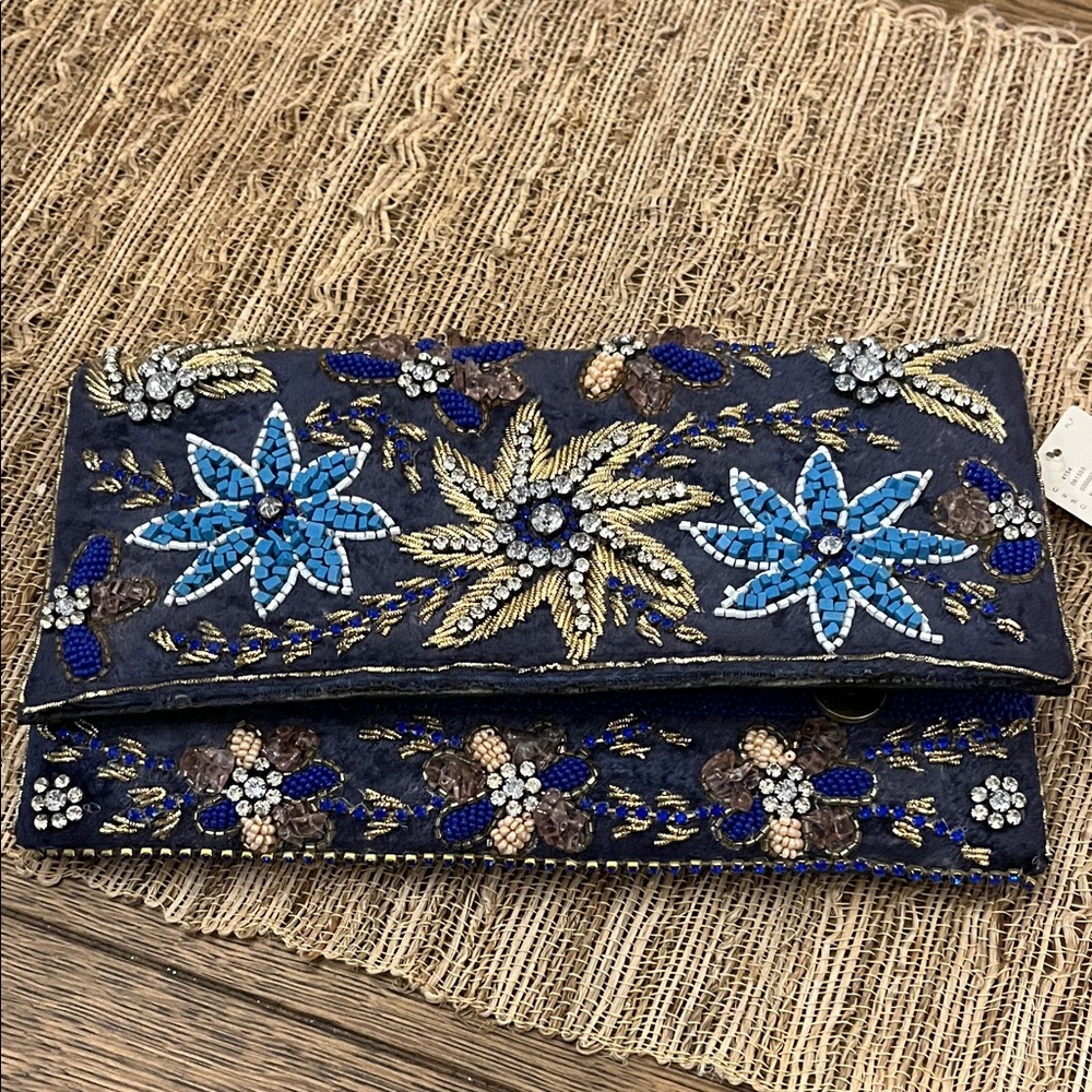 Anthropologie Blue and Gold Floral Embroidered Clutch